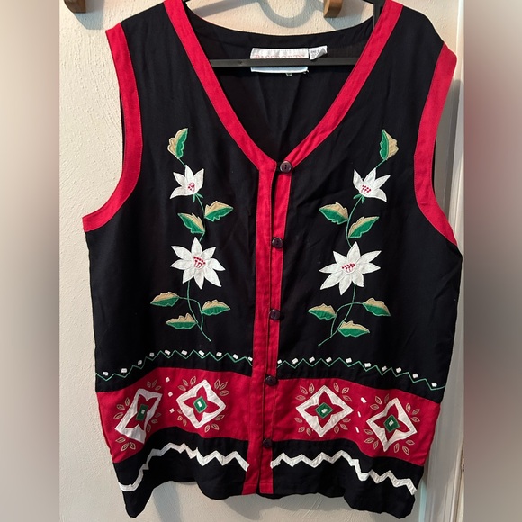 Appliqué flowers/leaves intricate designed one size rayon v-neck six-button vest - Picture 1 of 5